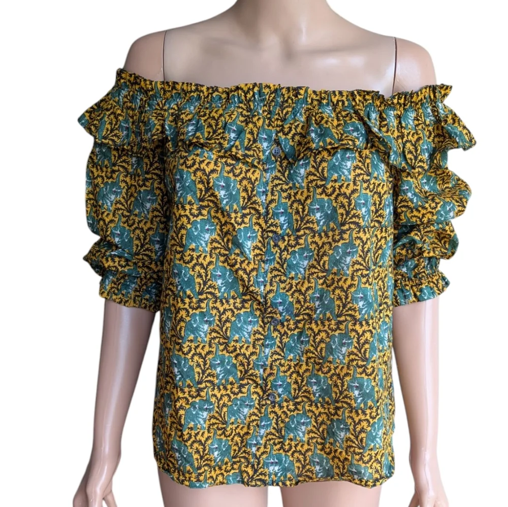 J. Crew Ratti Safari novelty elephant print Off the Shoulder top ruffle